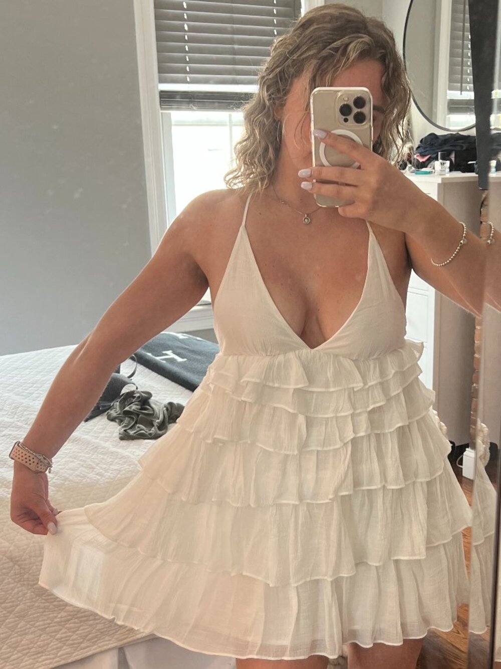Mustard Seed White Tiered Ruffle Spaghetti Strap Mini Dress